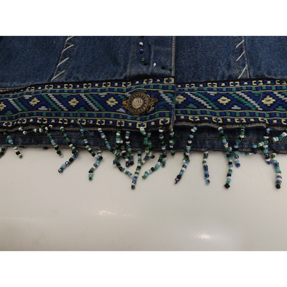 Womens Embellished Denim Jean Jacket Blue Beaded Western Trucker Style L Large - Picture 13 of 16